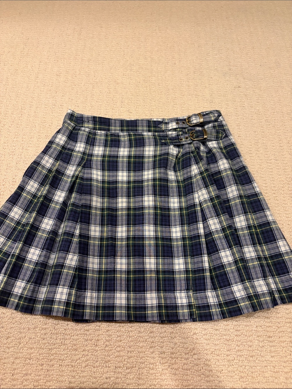 Polo by Ralph Lauren Navy, Green and White Plaid Pleated Skirt with Buckles